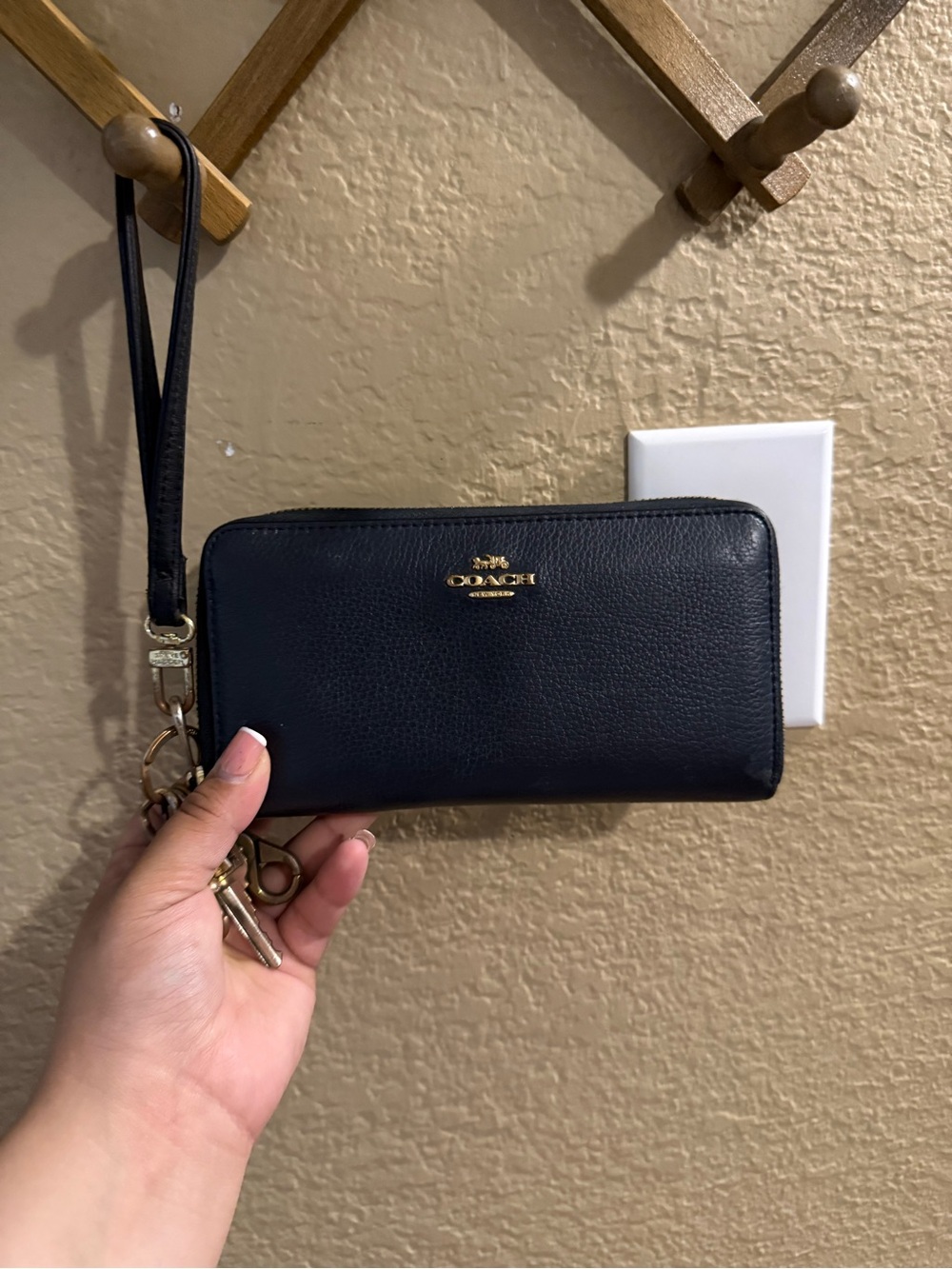 Coach Navy Leather Zip Wristlet with Gold Hardware